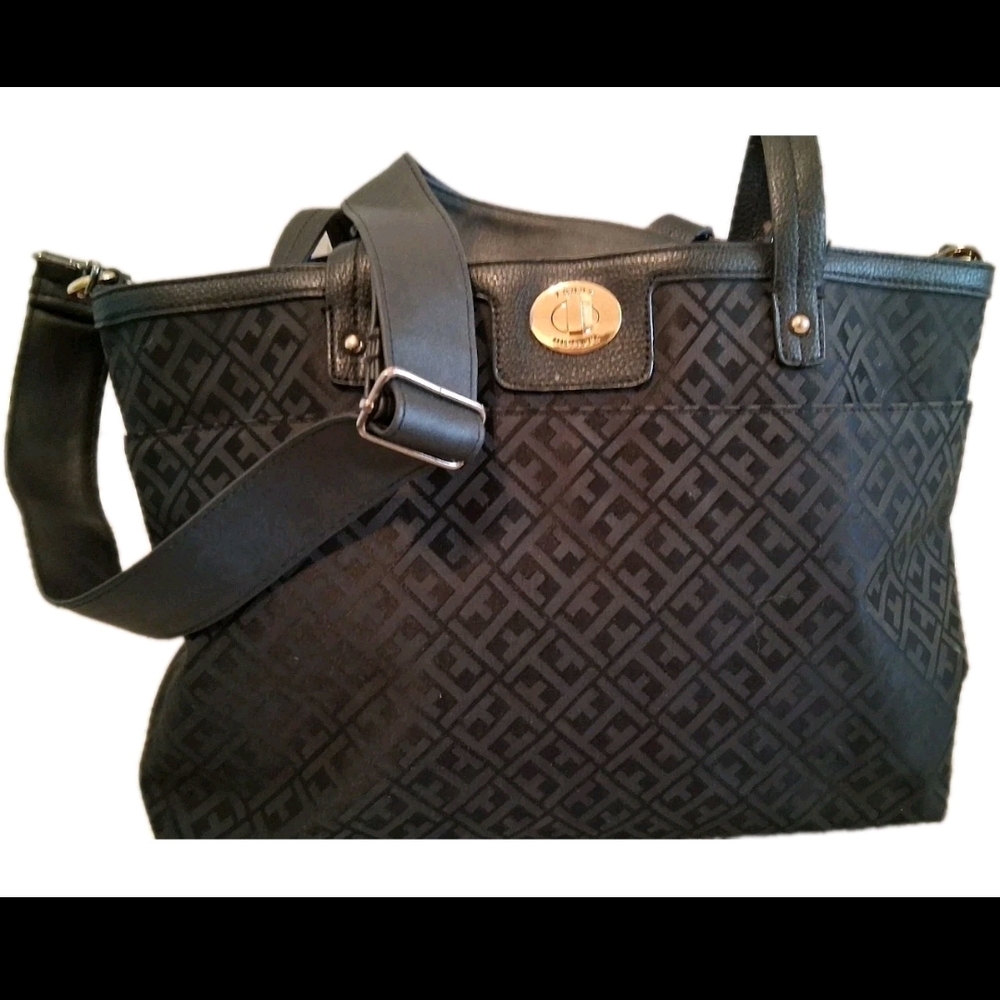 TOMMY HILFIGER Black Patterned Tote Bag | Shoulder Bag | Everyday Handbag